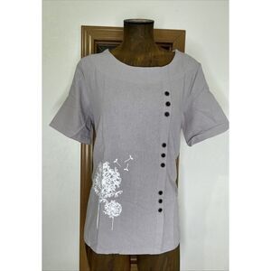 Cotton Shirt Blouse Flower Print Women’s XL Gray Boat Neck Short Sleeves Japan